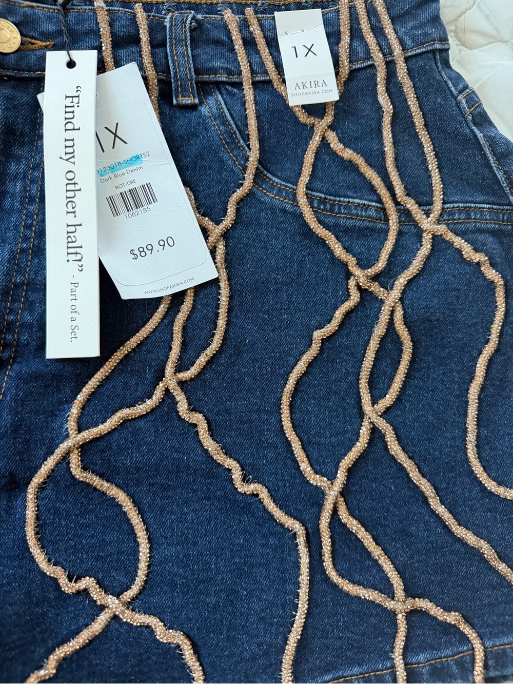NWT AKIRA Dark Blue Denim Shorts with Gold Fringe - Picture 5 of 7